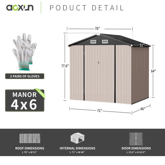 Aoxun 6'x4' Outdoor Metal Shed, Storage Shed with Door & Lock, Garden Shed for Backyard, Patio, Lawn