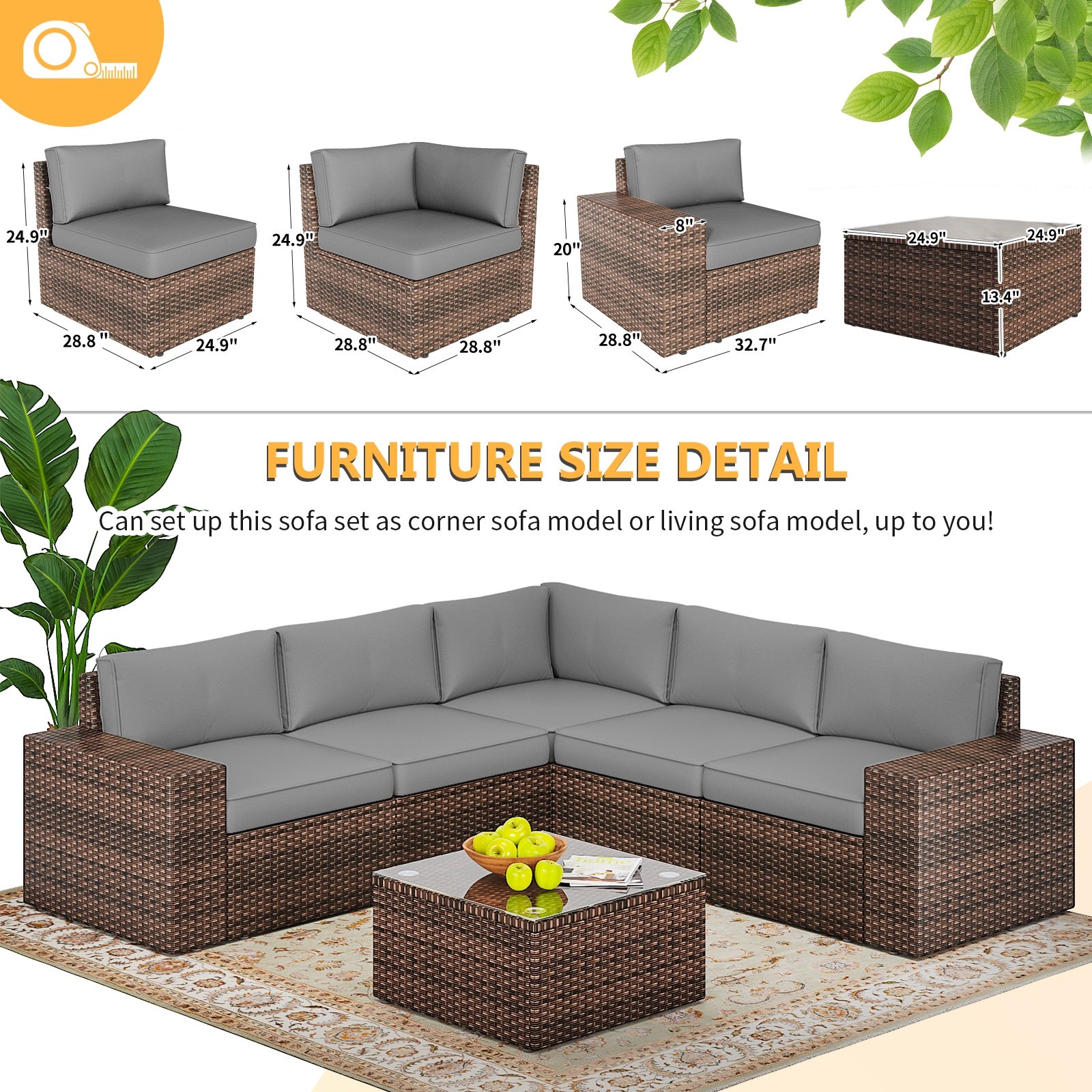 6 Pieces Outdoor Patio Furniture Sets, PE Rattan Wicker Sectional Sofa with Coffee Table for Lawn, Backyard,Balcony, Gray