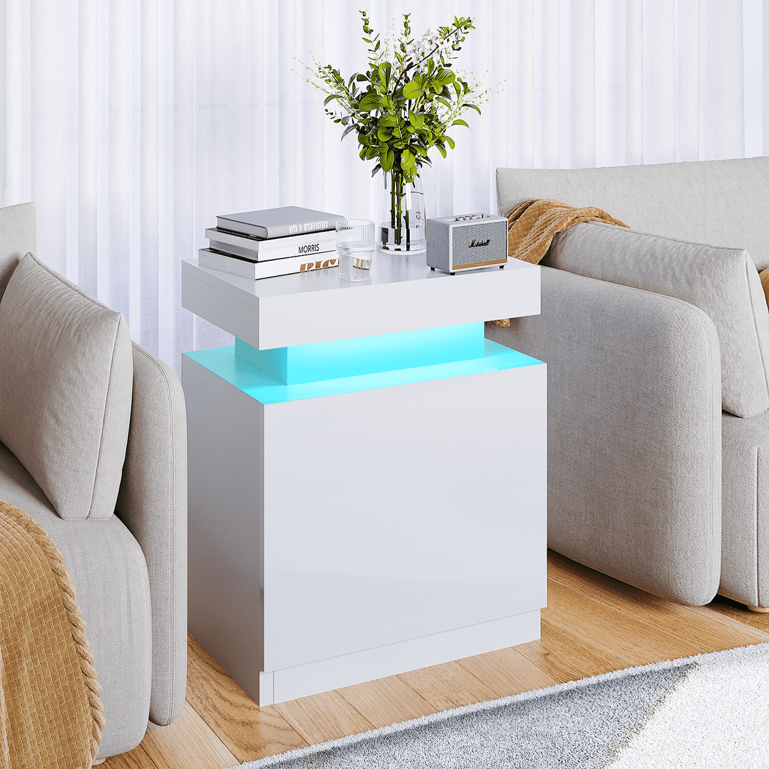 Nightstand Set of 2, LED Nightstand with Cabinet, Bedside Table with LED Lights, Modern End Side Table for Bedroom, White