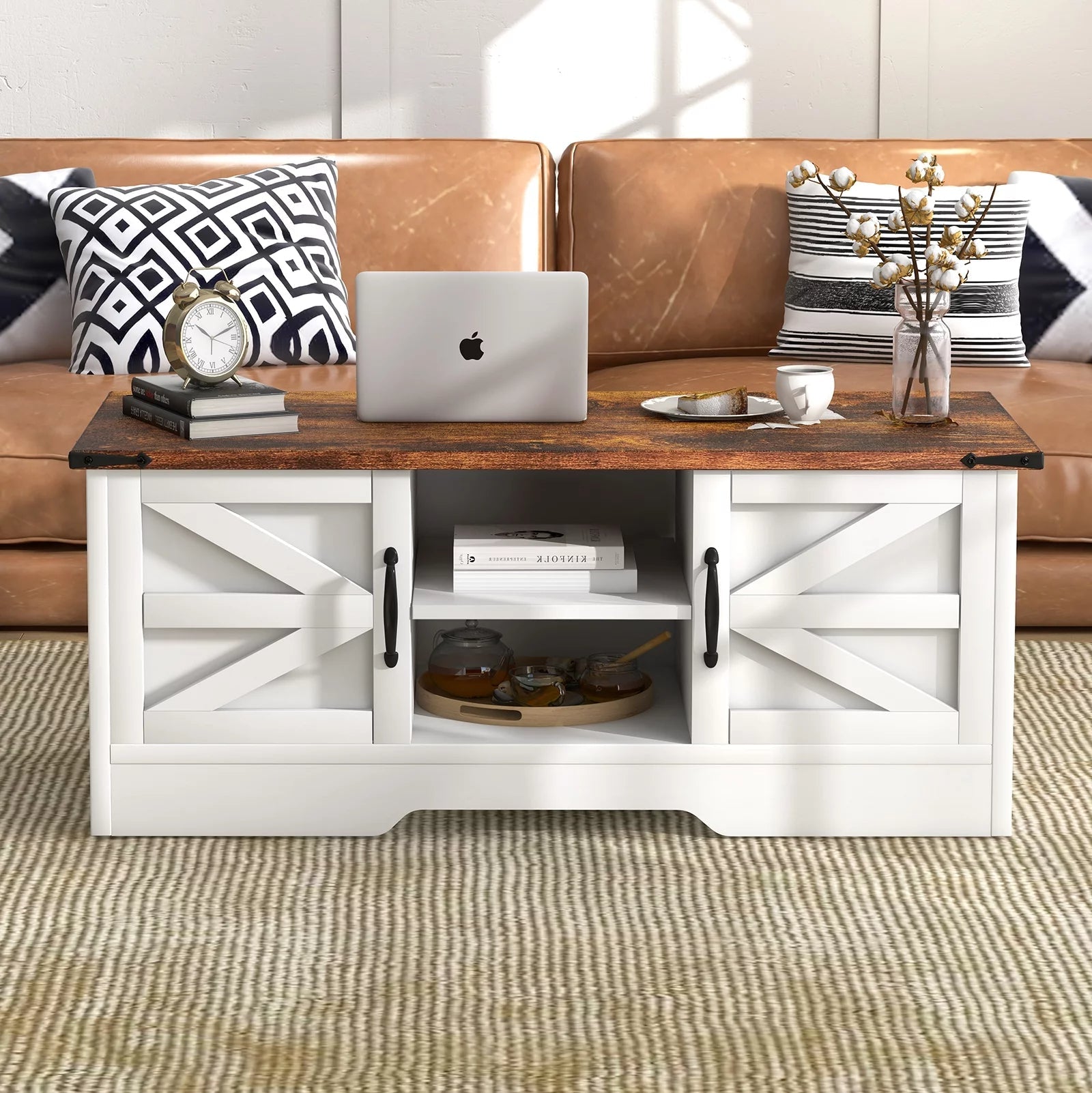 Coffee Table, Farmhouse & Industrial Center Table with Storage, Rustic Style Wooden Living Room Table, White