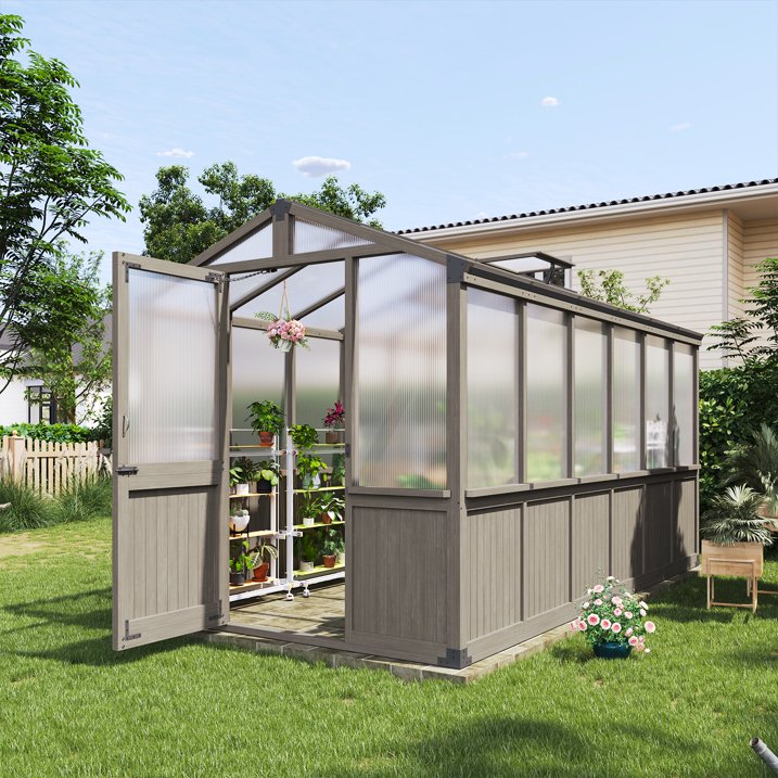AOXUN 6' x 12' Outdoor Cedar Wood Greenhouse, Walk-in Greenhouse with Adjustable Roof Vent and Lockable Door