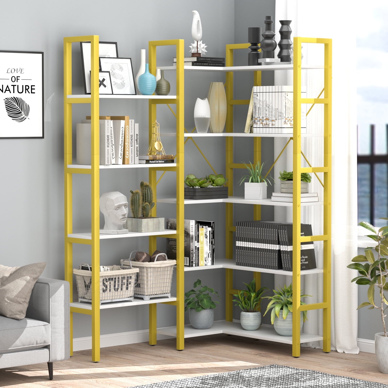 5-Shelf Corner Bookshelf Triple Wide Industrial Vintage Wood Style Large Bookcase for Home&Office, Gold