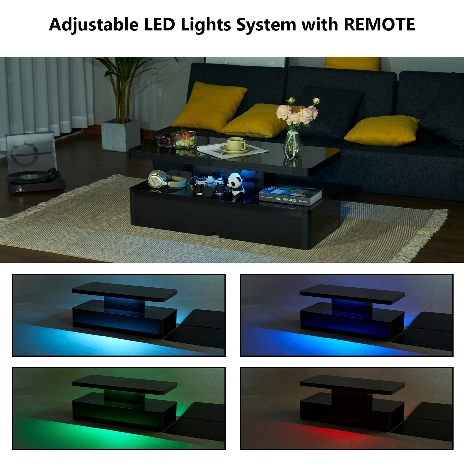 Modern Stylish Coffee Table with 16 Colors LED Lights, Double-Layer Design for Living Room, Black High Gloss Acrylic