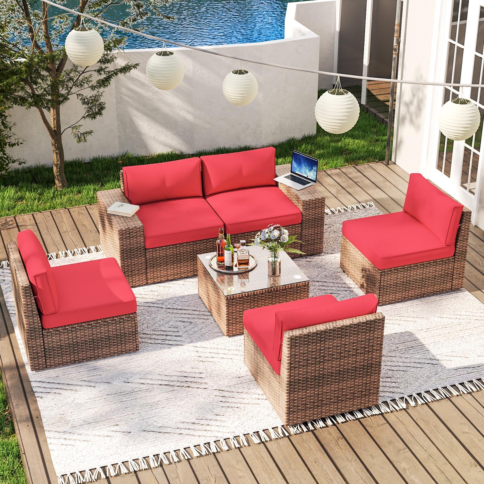 6 Pieces Patio Furniture Sets, Outdoor Sectional Rattan Sofa Set, Patio Furniture Set with Coffee Table, Red