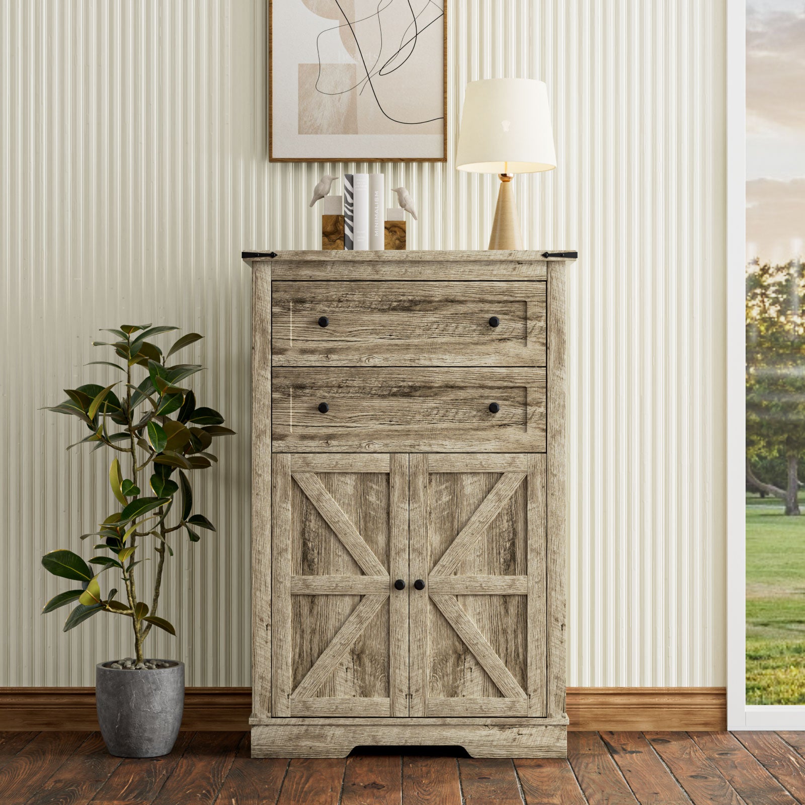 Farmhouse Sideboard Buffet Cabinet, Wooden Accent Cabinet Kitchen Cabinet with Drawers and Adjustable Shelf, Gray