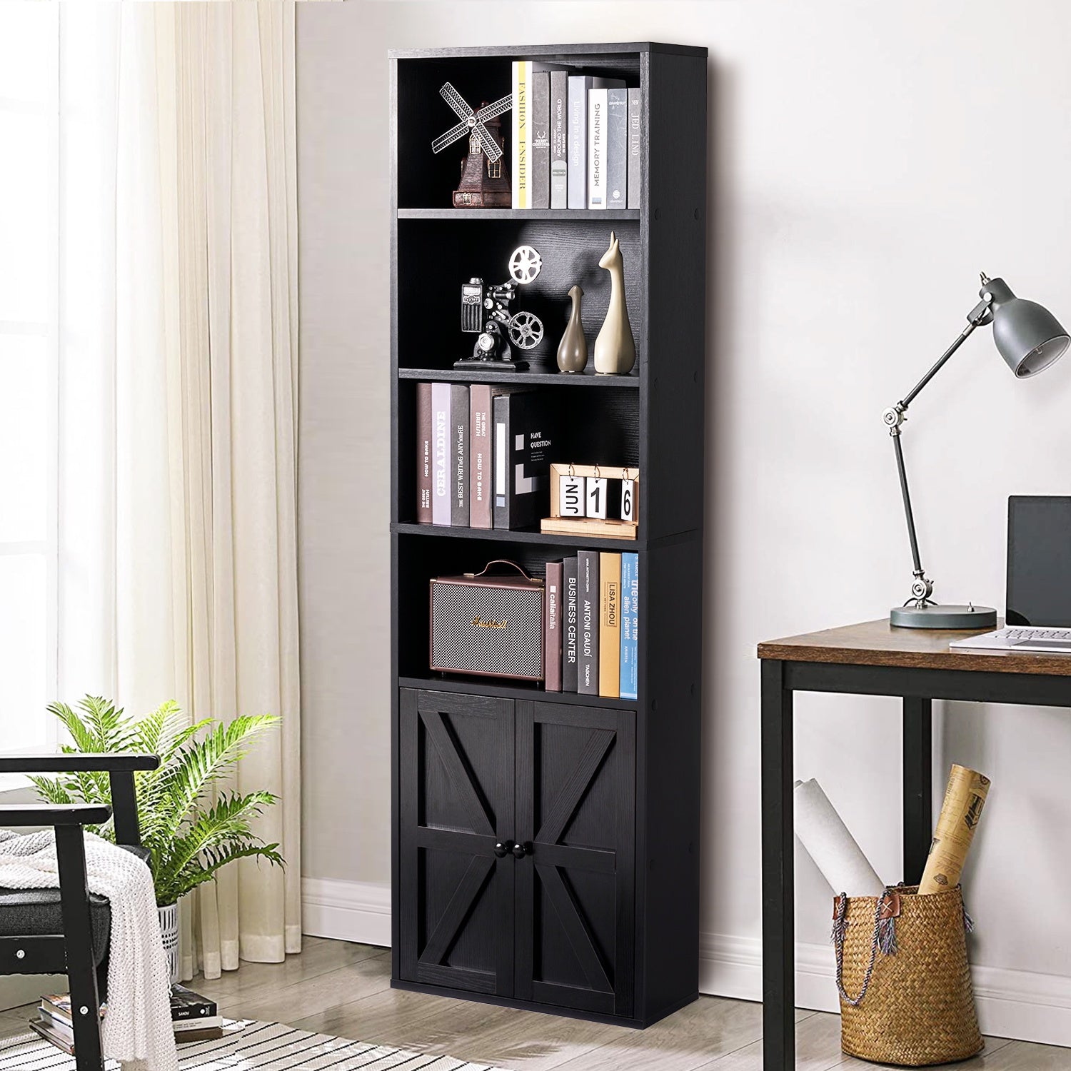 6 Shelf Bookcase with Cabinet Doors, 71in Tall Wooden Bookshelf for Living Room and Home Office, Black