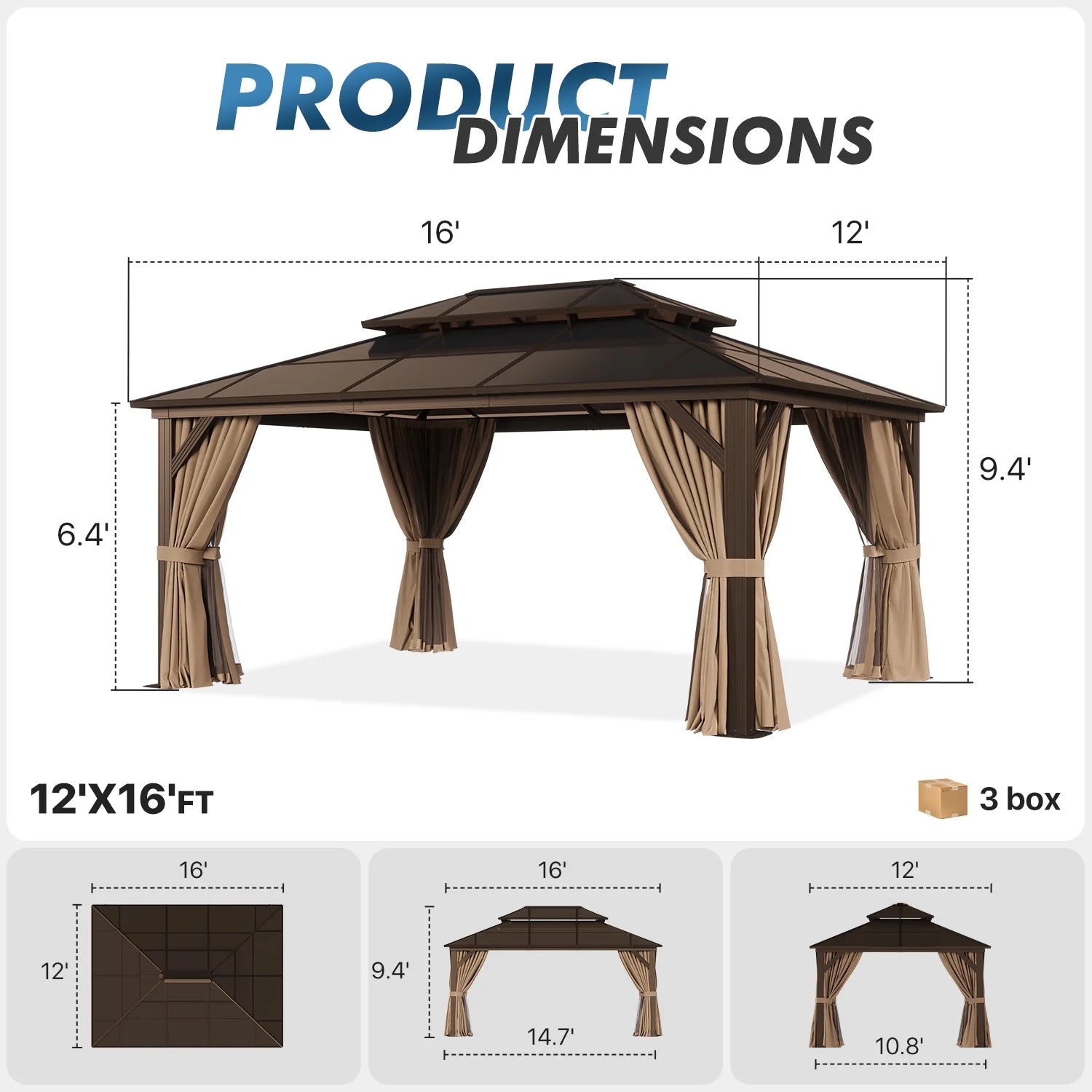 Sunmthink 12'x16' Hardtop Steel Gazebo - Durable Polycarbonate Double-Roof Design with Included Privacy Curtains & Bug Netting - Ideal for Gardens, Patios and Backyards (Brown)