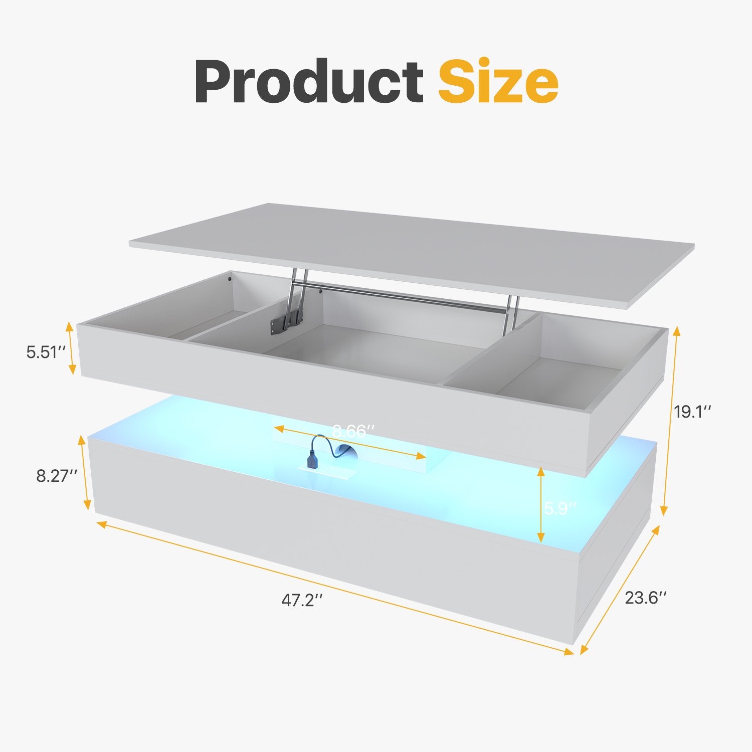 Sonegra 47" High-Glossy LED Lift Top Coffee Table with 2 Sliding Drawers, Large Open Storage Space & Ambient LED Lighting, Modern Double-Layer Livingroom Table, White