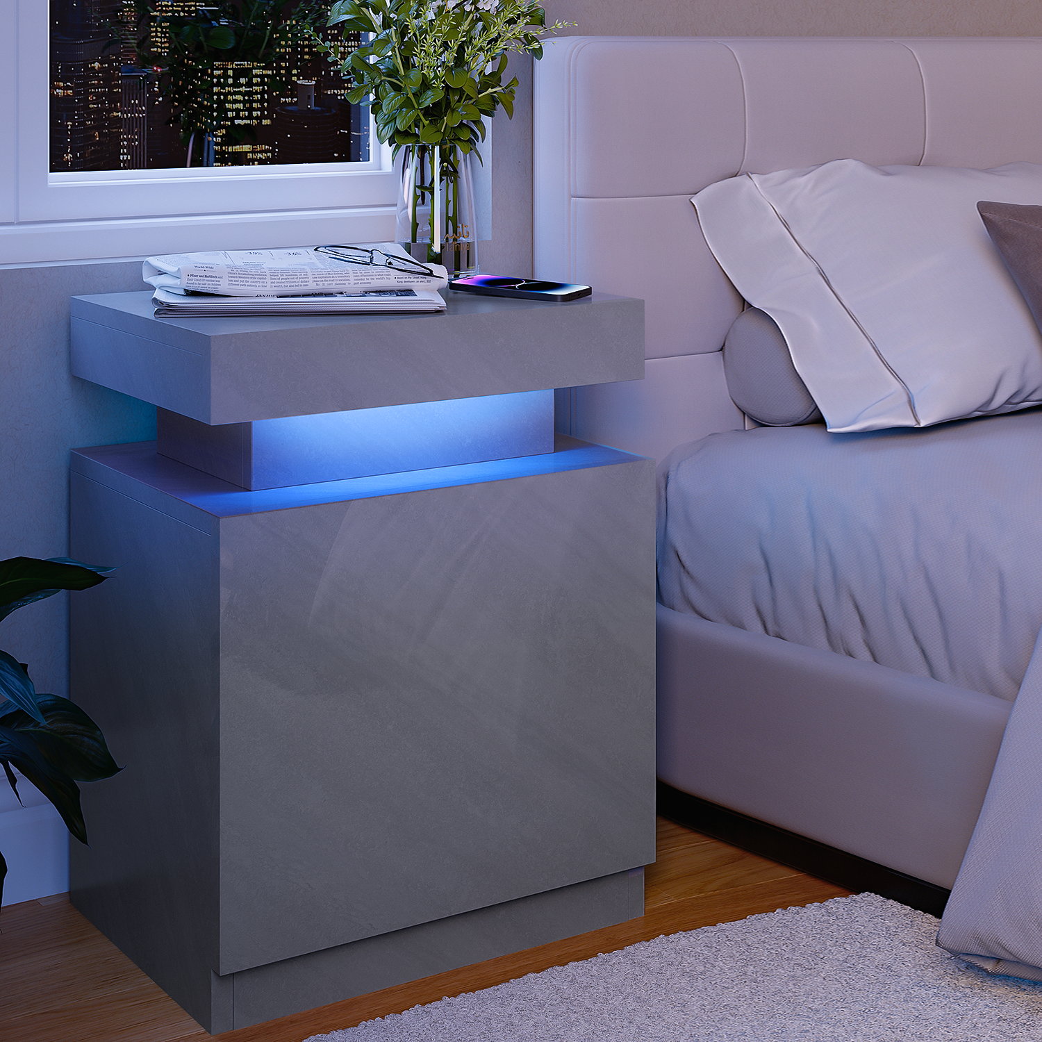 Nightstand Set of 2, LED Nightstand with Cabinet, Bedside Table with LED Lights, Modern End Side Table for Bedroom, Gray