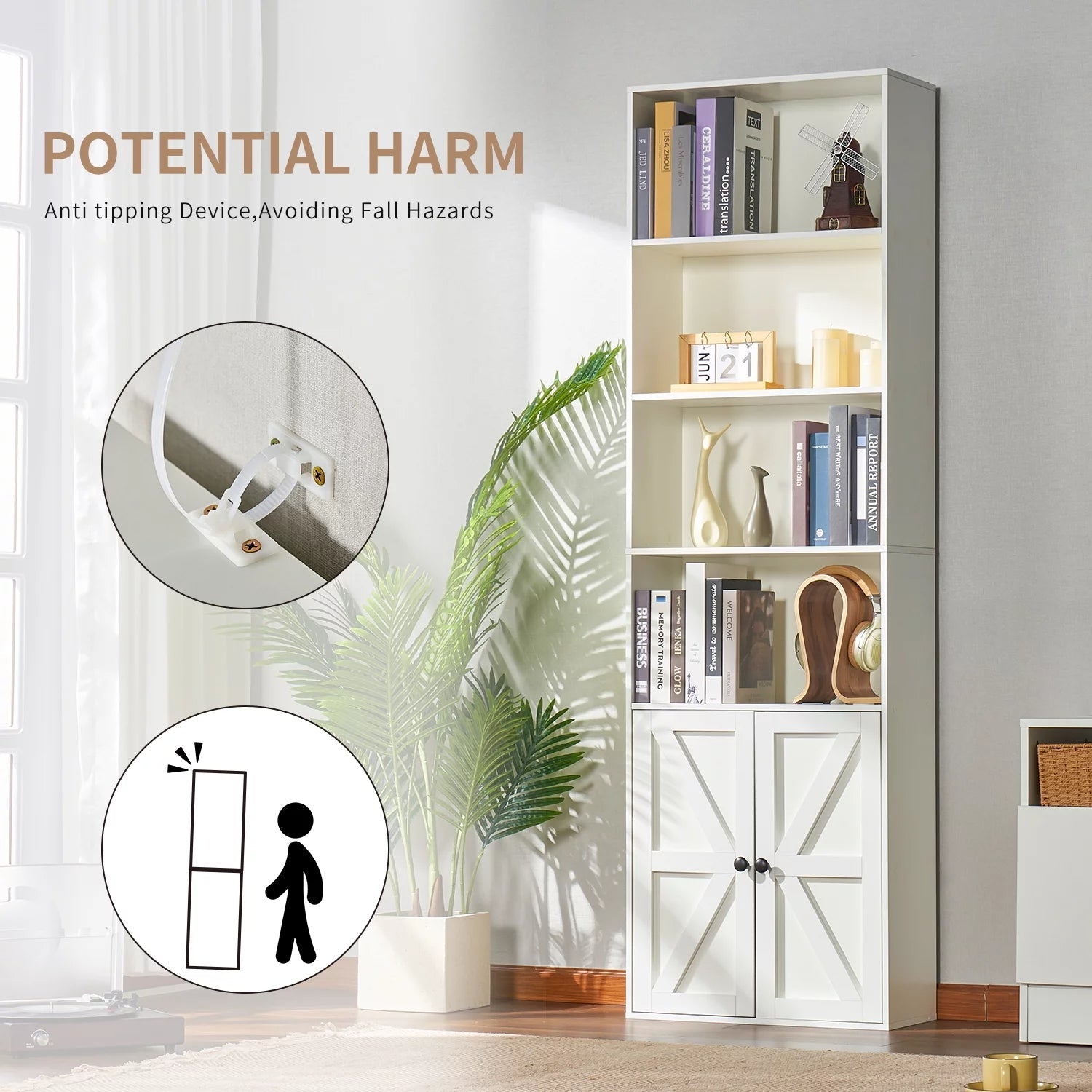 6 Shelf Bookcase with Cabinet Doors, 71in Tall Wooden Bookshelf for Home Office, White
