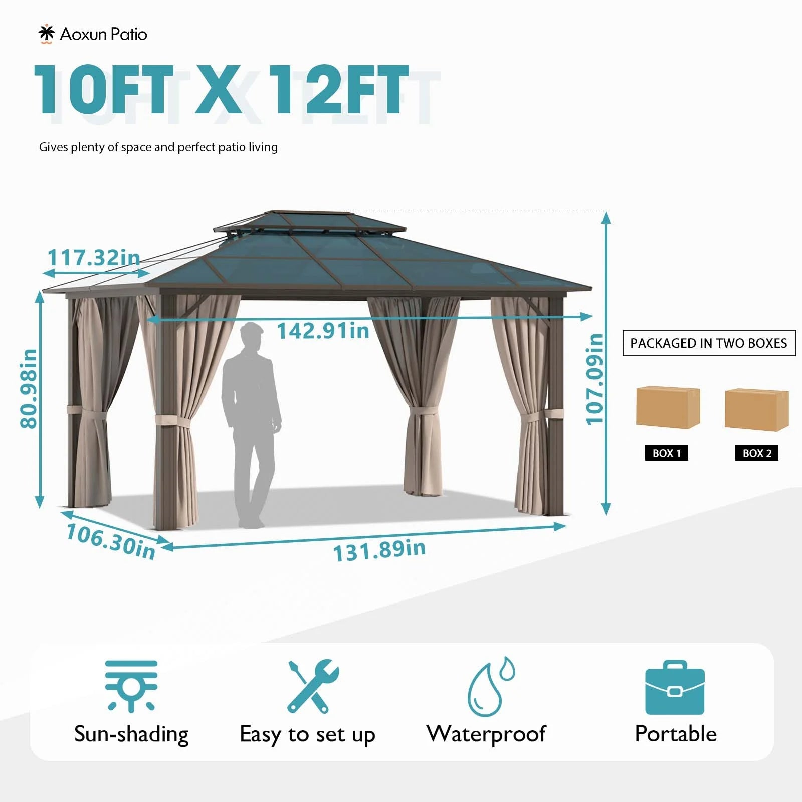 10'x12' Hardtop Gazebo, Outdoor Polycarbonate Double Roof Canopy, Aluminum Frame Permanent Pavilion with Curtains and Netting, Sunshade for