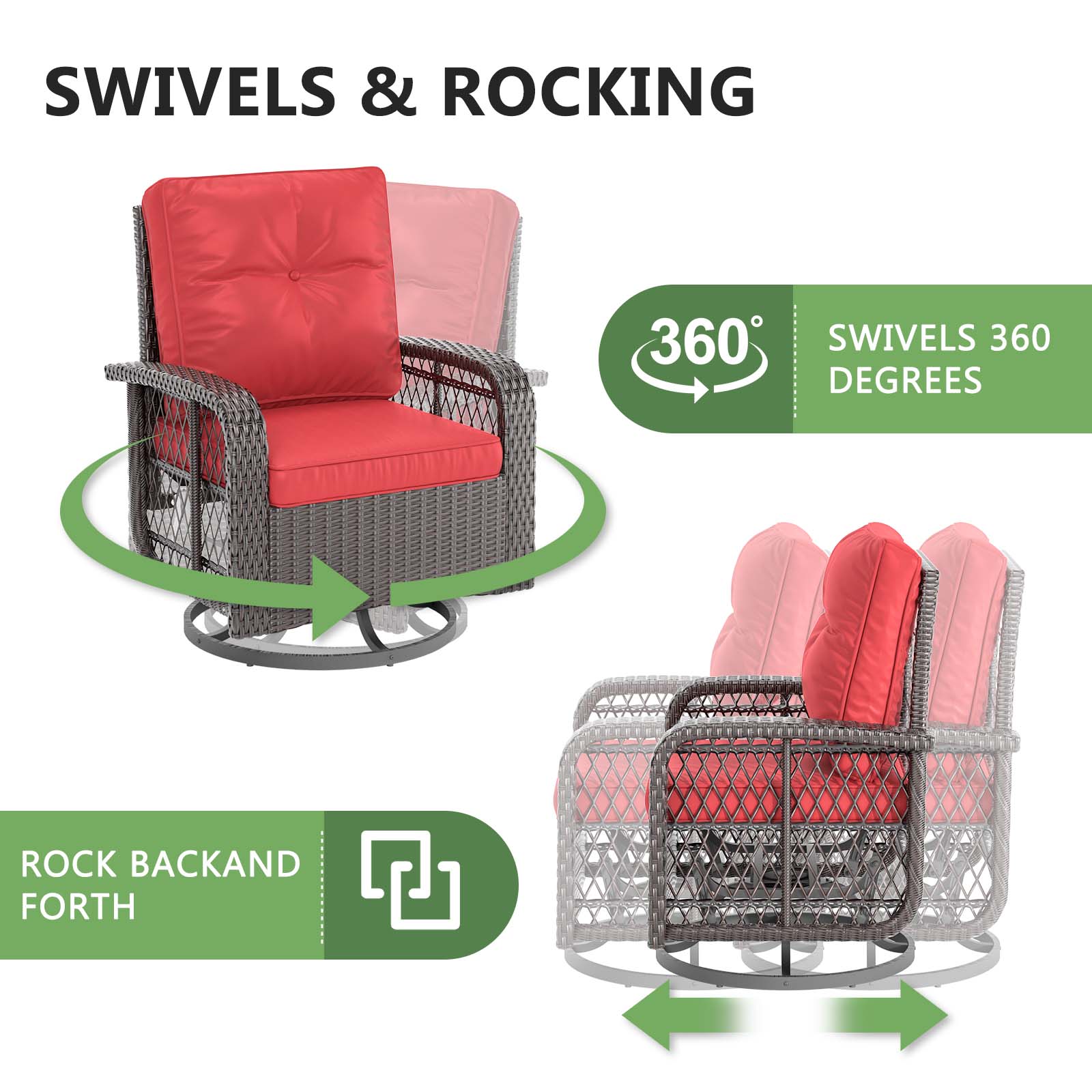 3 Pcs Outdoor Wicker Swivel Rocker Patio Set,360 Degree Swivel Rocking Chairs Elegant Wicker Patio Bistro Set with Premium Cushions and Armored Glass Top Side Table for Backyard -Red