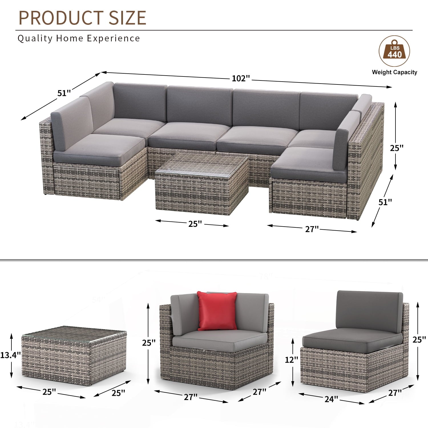 7 Pcs Furniture Sets, PE Rattan Conversation Sets with Cushions, Grey