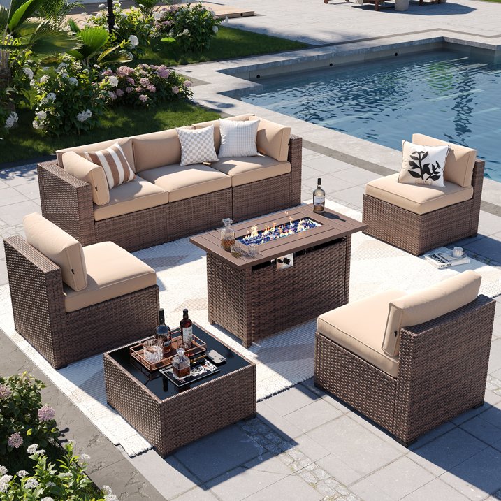 Aoxun 8 Piece Patio Furniture Set with 44” Fire Pit Table Wicker Rattan Outdoor Sectional Sofa Set with Coffee Table and 4” Thickened Cushions, Beige (Waterproof Cover Included)