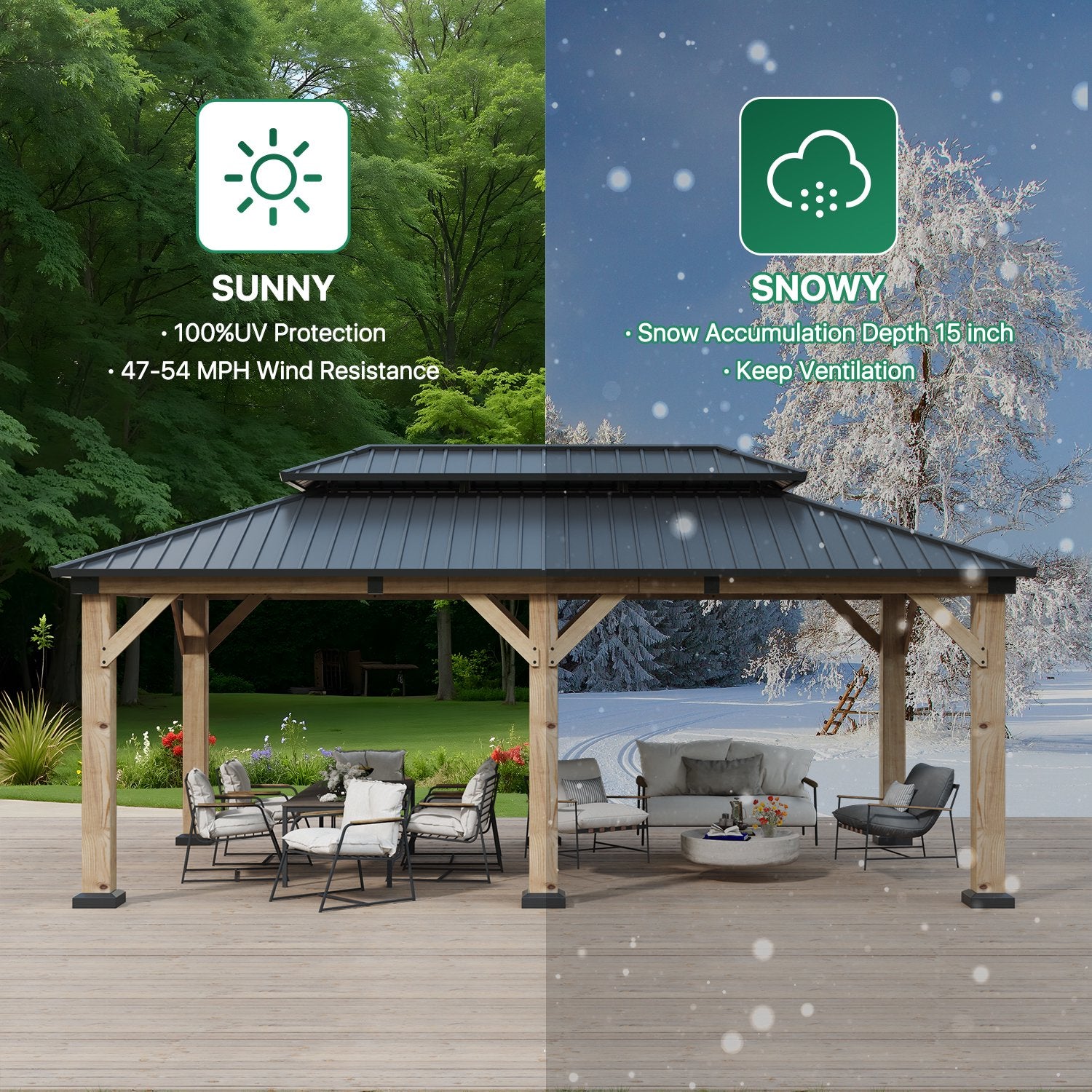 Clouddwell 12*20FT Upgraded Cedar Gazebo,Cedar Hard Roof Gazebo,with Double-Layer Galvanized Steel Roof,Suitable for Backyard,Desk,and Lawn.