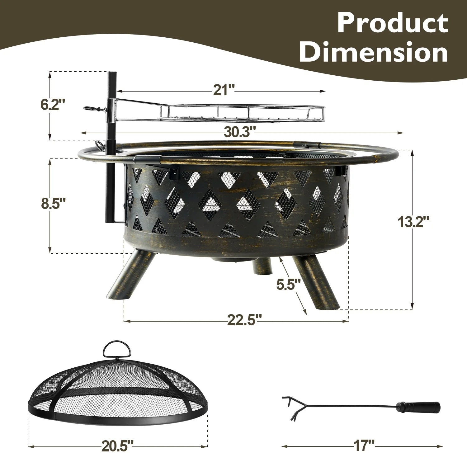 Fire Pit for Outside 30 inch Outdoor Wood Burning Firepit Large Steel Firepit Bowl with Removable Cooking Swivel BBQ Grill for Backyard Bonfire Patio