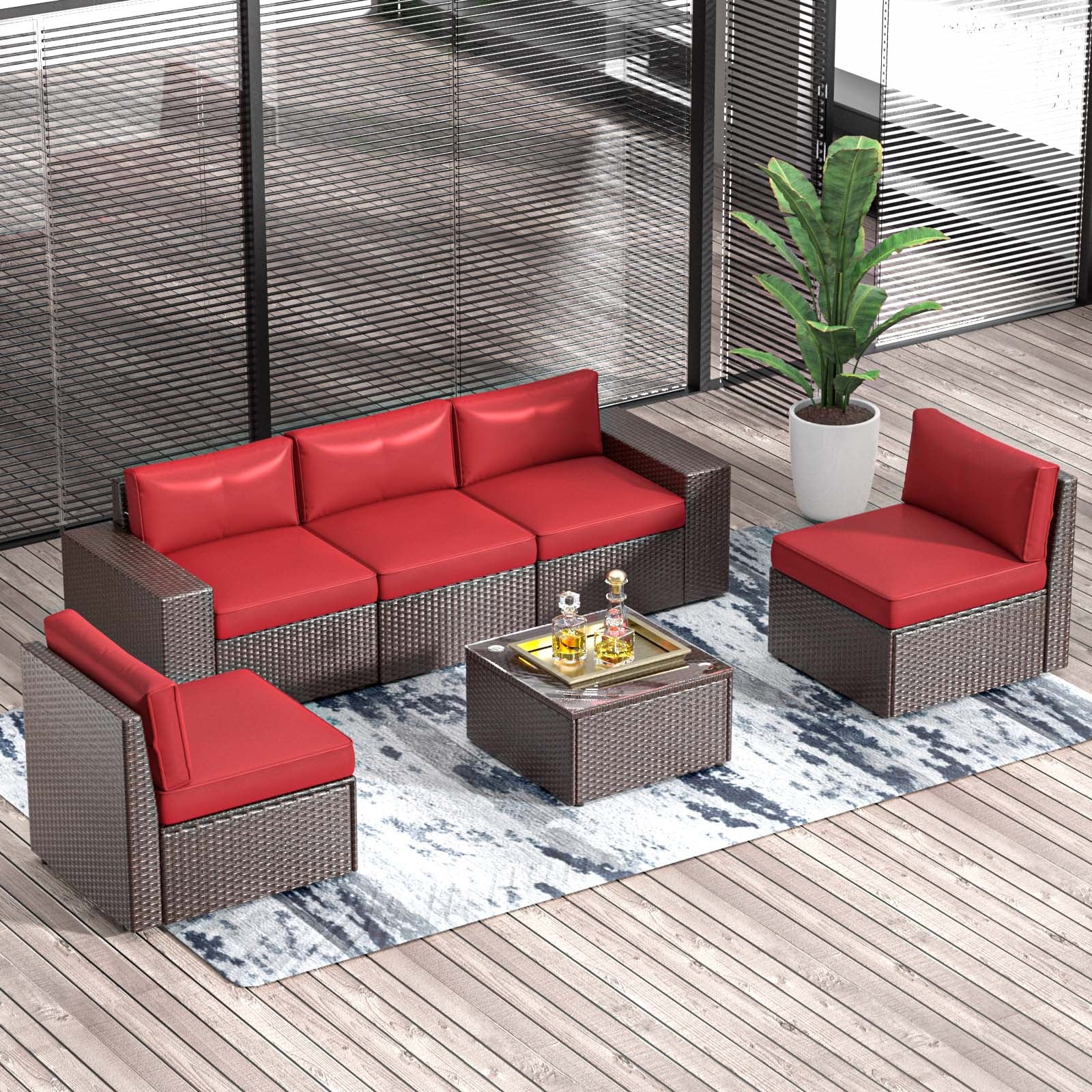 6Pcs Outdoor Patio Furniture Set, PE Wicker Outdoor Conversation Set With Coffee Table-Red(with Waterproof Cover)