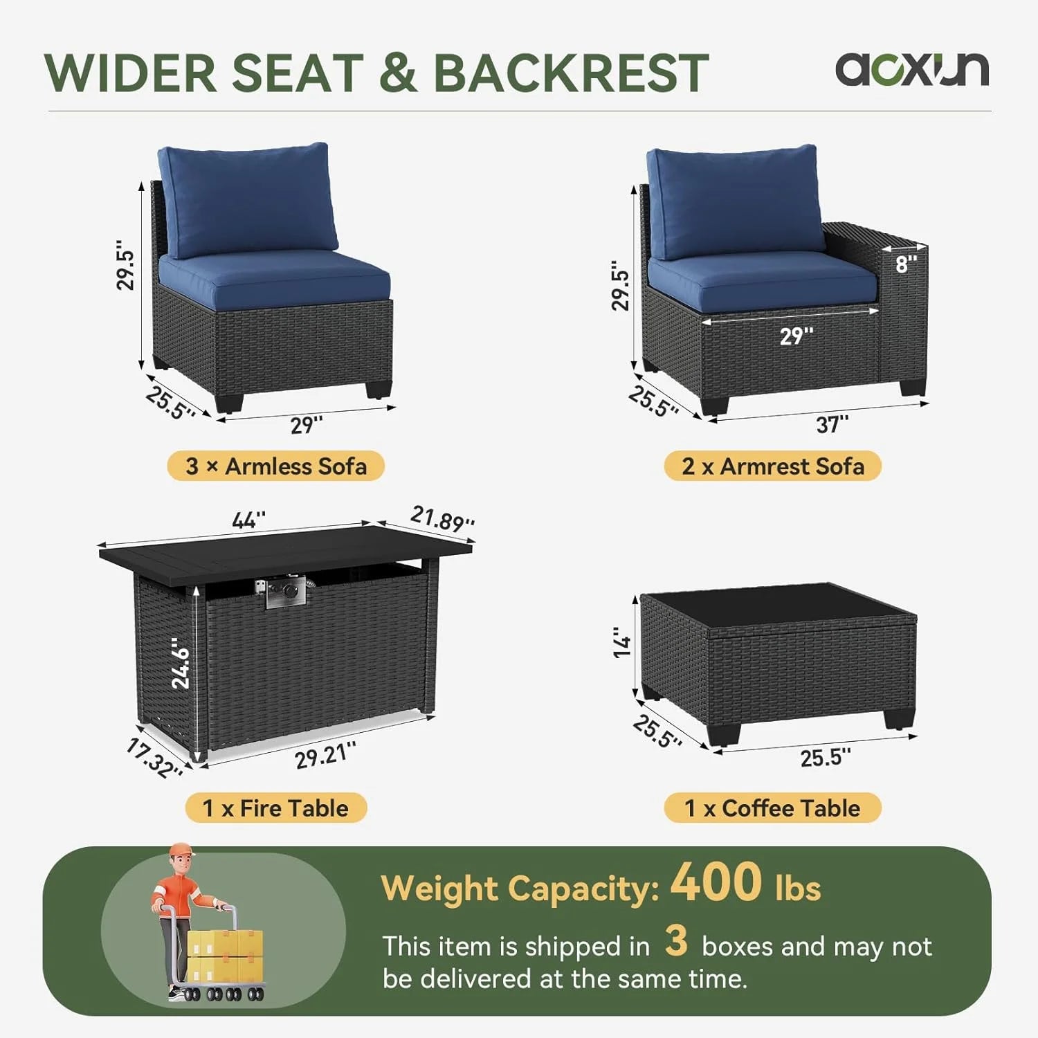 Aoxun 7 Pcs Outdoor Patio Furniture Sets with with 44'' Fire Table, Widen Armrests Wicker Outdoor Sectional for Backyard (Waterproof Cover Include)