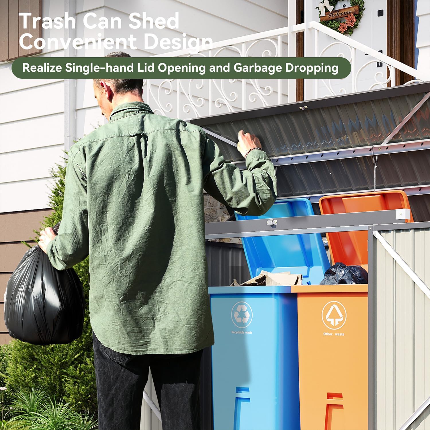 Aoxun 6' x 3' Outdoor Storage Shed Metal Trash Can Storage with Chain Lid Waterproof Outdoor Garbage Can Organizer, Ideal for 2 Trash Bins, Toys, Garden Tools (Black)
