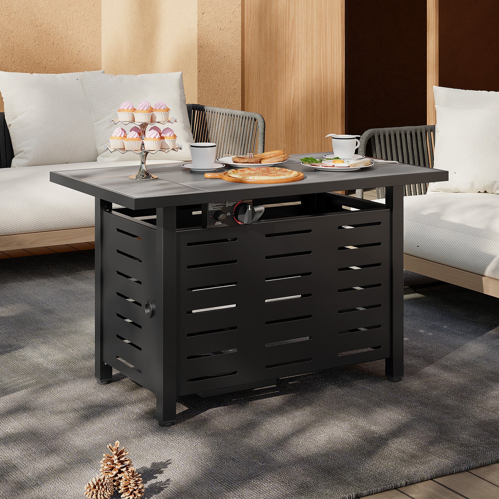 Aoxun 42" Propane Fire Pit Table, 60000 BTU Outdoor Patio Heater with Ceramic Top & Lava Rocks, Rectangle Gas Fire Pits for Outside Patio with Removable Lid, Black