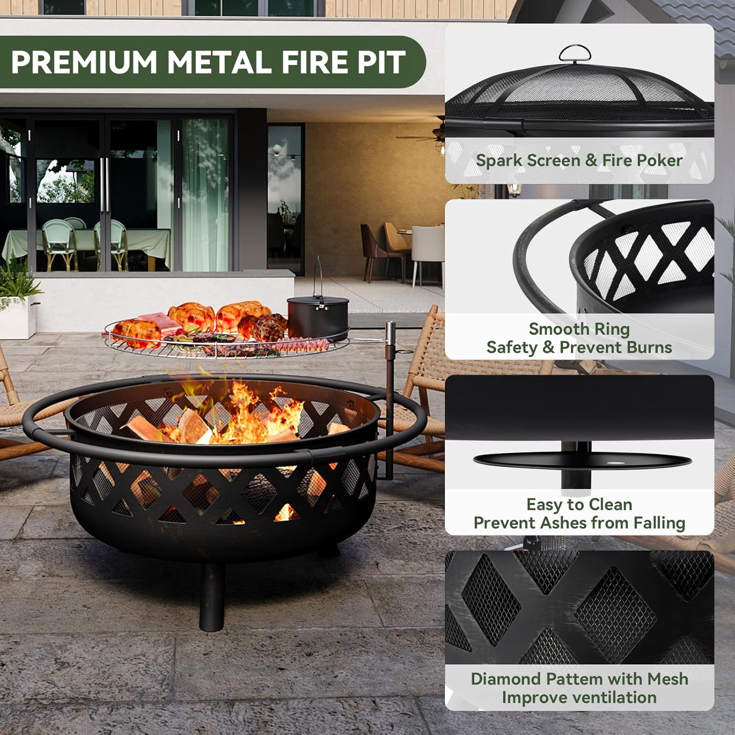 Fire Pit with Cooking Grate Grill, Outdoor Wood Burning Fire Pit with Cover & Fire Poker