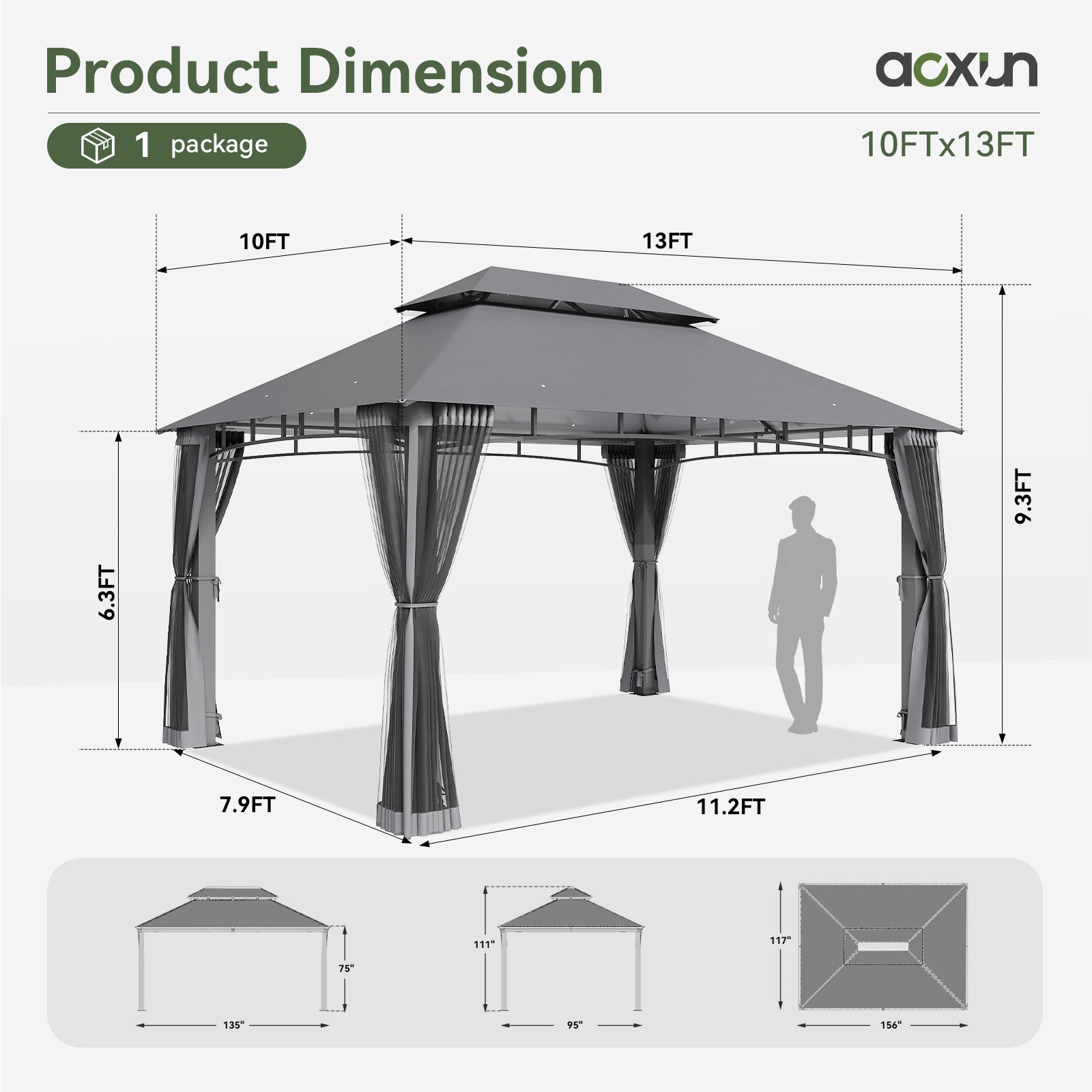 Outdoor Gazebo for Patio 10x13, Metal Frame Canopy with Double Roofs, Heavy Duty Party Tent and Shelter with Mosquito Nettings for Backyard, Lawn, Garden, Dark Gray