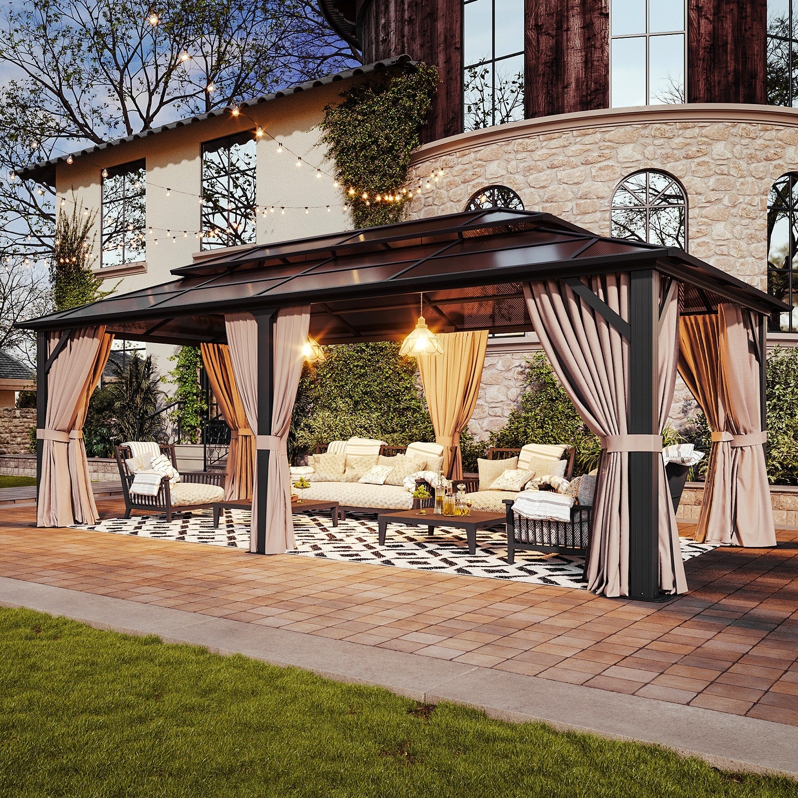 Polycarbonate Double Roof Hardtop Gazebo, Aluminum Frame with Curtains and Netting