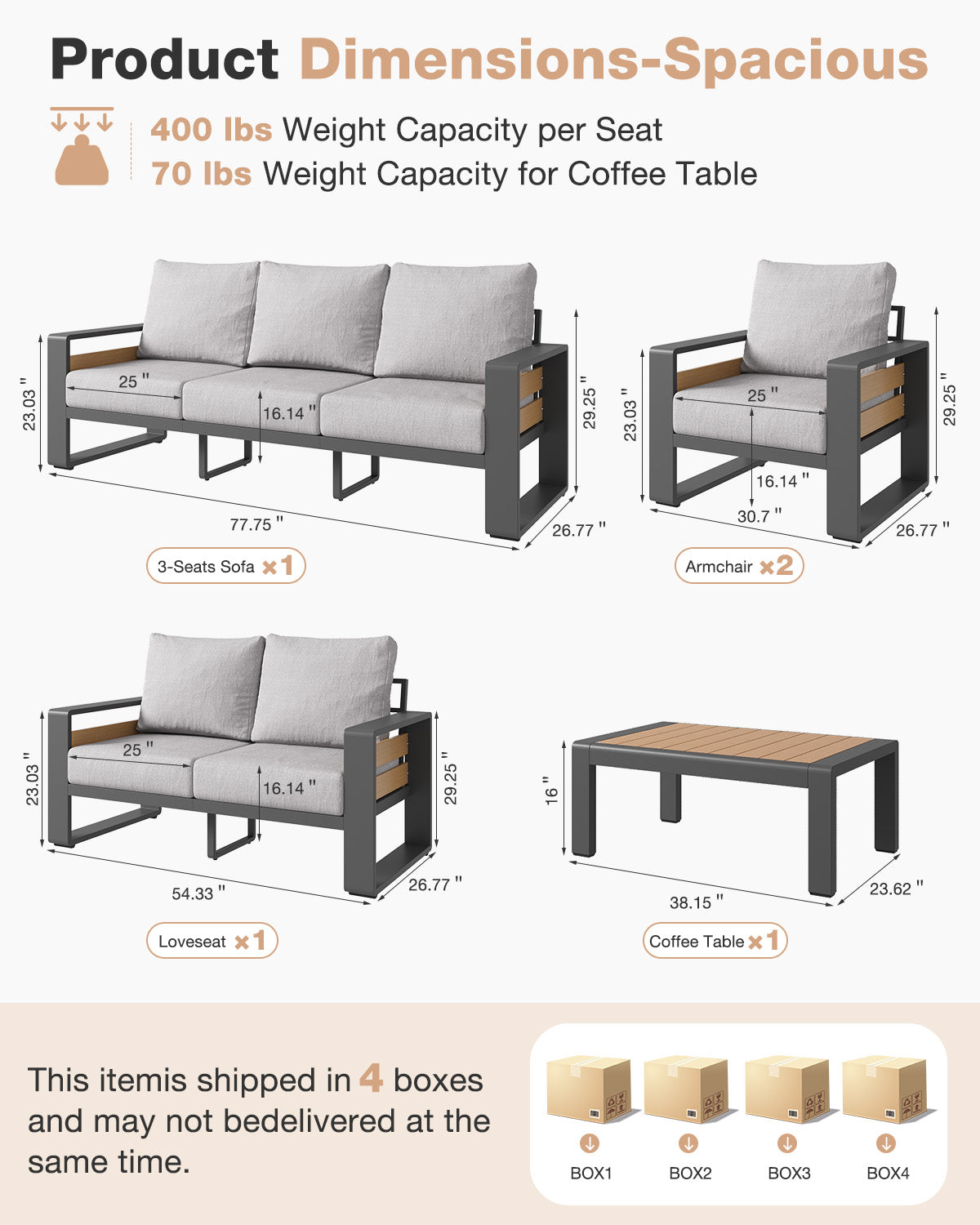 Aoxun Aluminum Patio Furniture Set, 5 Piece Luxury Outdoor Sectional with 6" Olefin Fabric Cushions, patio Conversation Sets with Coffee Table and Waterproof Cover for Backyard, Porch Dark Grey