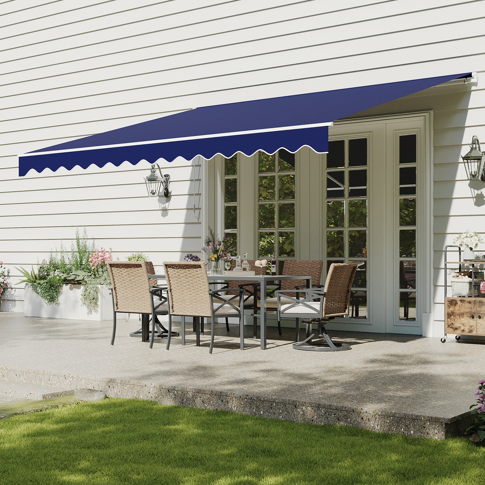 Aoxun Manual Retractable Awning for Outside 12x10 FT Outdoor Patio Sun Shades Canopy with Crank Handle Waterproof Polyester PA Coated Fabric for Backyard Deck Window Blue