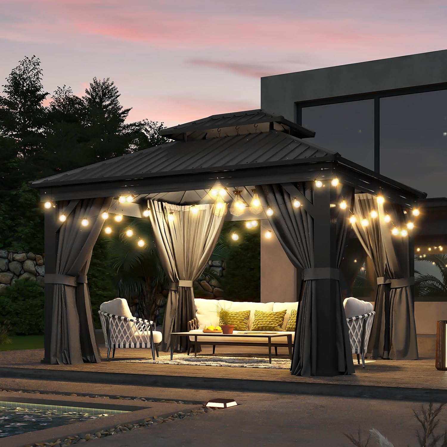 Aoxun 12' X 20' Hardtop Gazebo, Aluminum Outdoor Gazebo with Galvanized Steel Double Roof Canopy, Permanent Metal Pavilion with Privacy Curtain and Netting, for Poolside, Backyard, Square Foundation