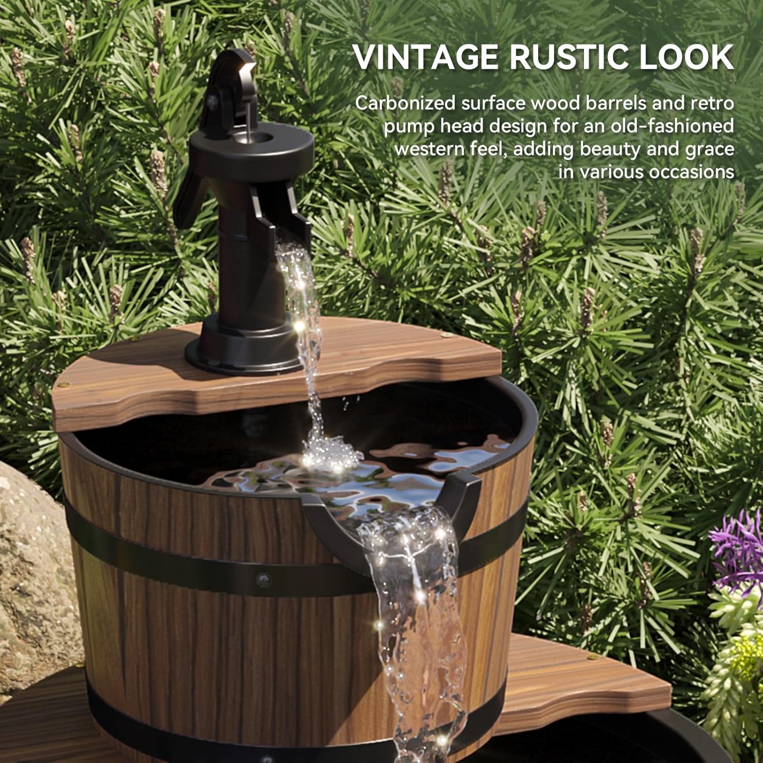 Outdoor Water Fountain, Wood Barrel Cascading with Electric Decorative Hand Pump, Rustic Waterfall Fountain for Garden, Backyard, Patio, Porch, Yard
