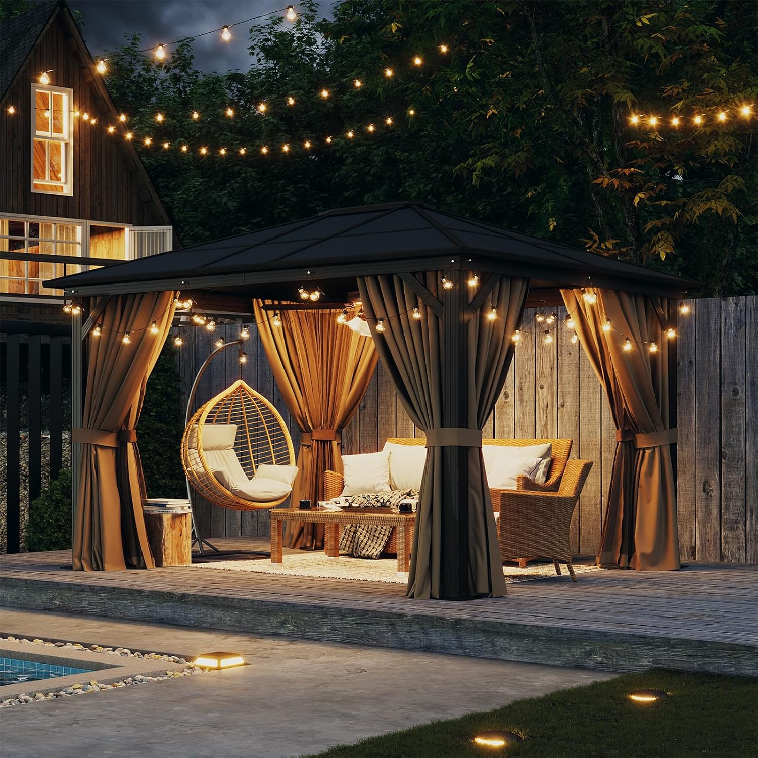 Aoxun 10' x 12' Gazebo Single Polycarbonate Top, Outdoor Aluminum Frame Permanent Gazebo with Curtains and Netting, for Patio, Party, Backyard, Garden and Lawn