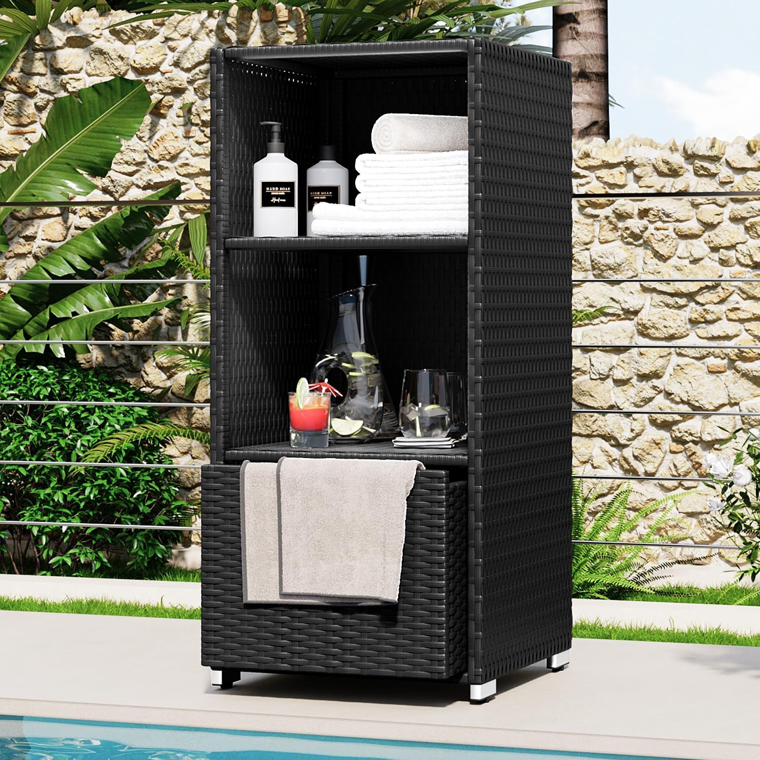 Wicker Pool Towel Cabinet with Bottom Drawer