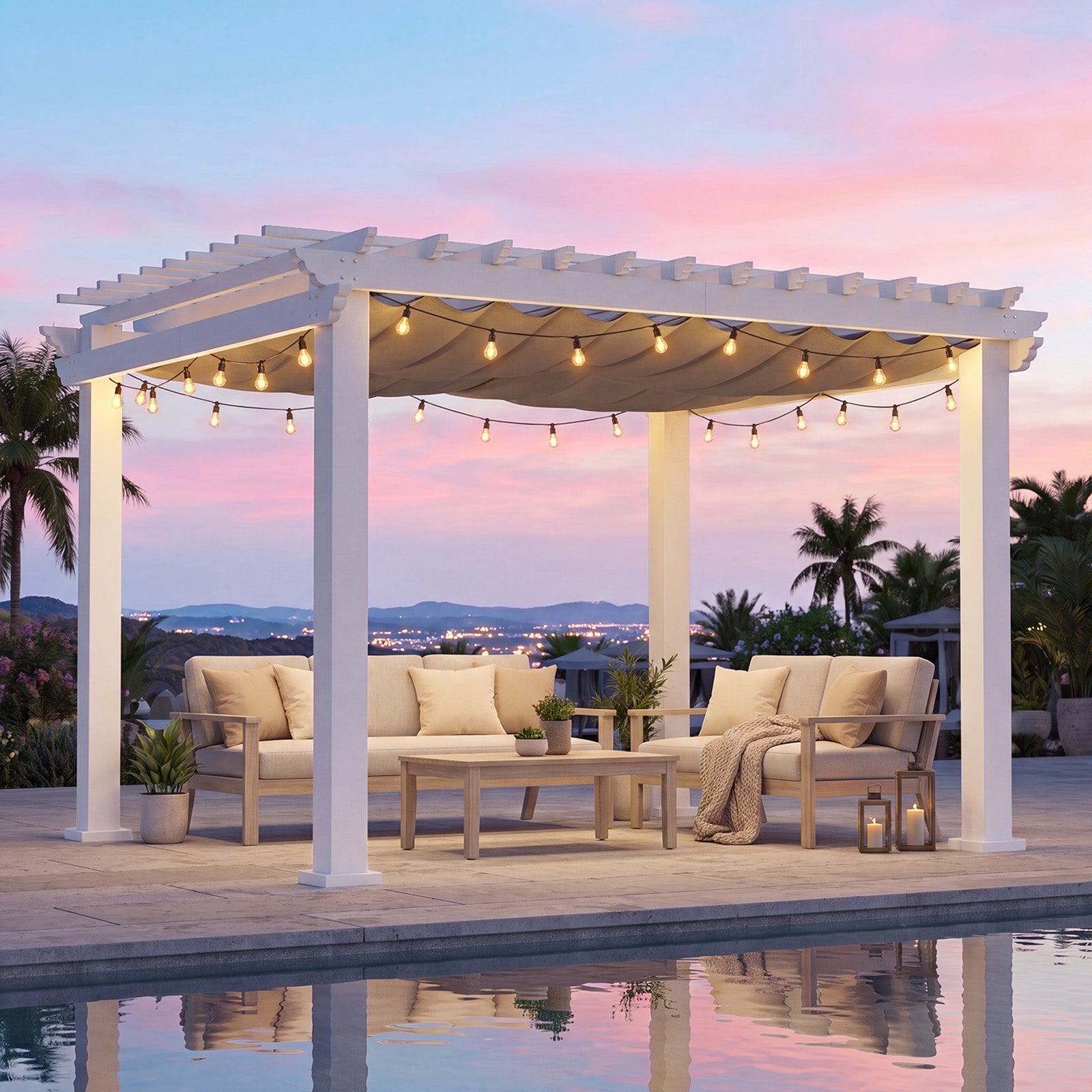 Aoxun 12' x 10' Outdoor Pergola with Trellis Roof & Adjustable Canopy，Aluminum Frame, All-Season Durability, High-Wind Rating, Shade for Patio, Deck, Garden, White
