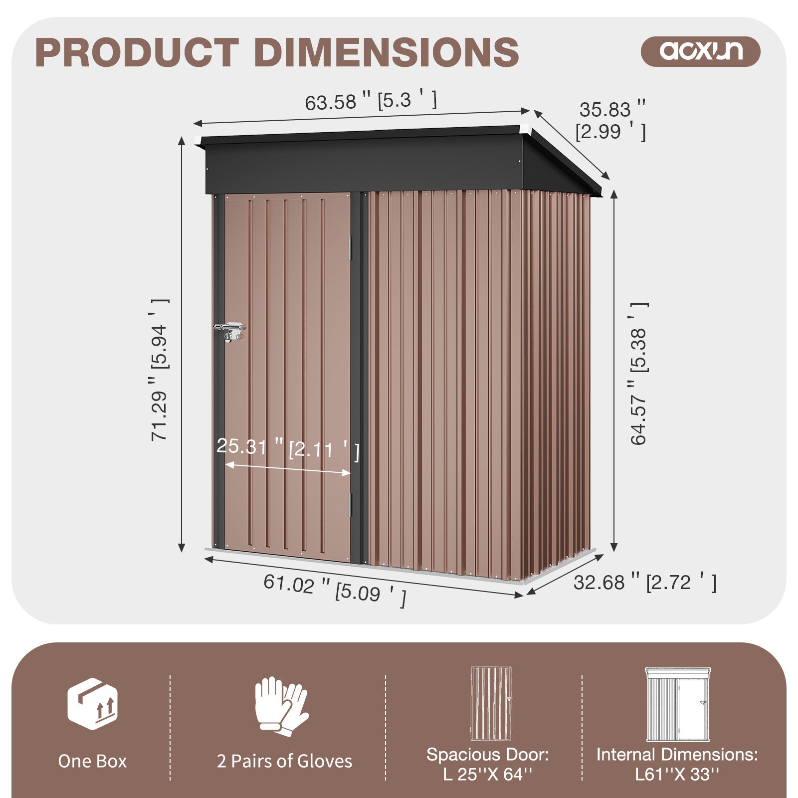 Aoxun 4.9x2.9 FT Outdoor Storage Shed - Metal Garden Shed, Waterproof Garden Tool Shed with Lockable Doors, Perfect for Backyard, Patio, Poolside (Brown)