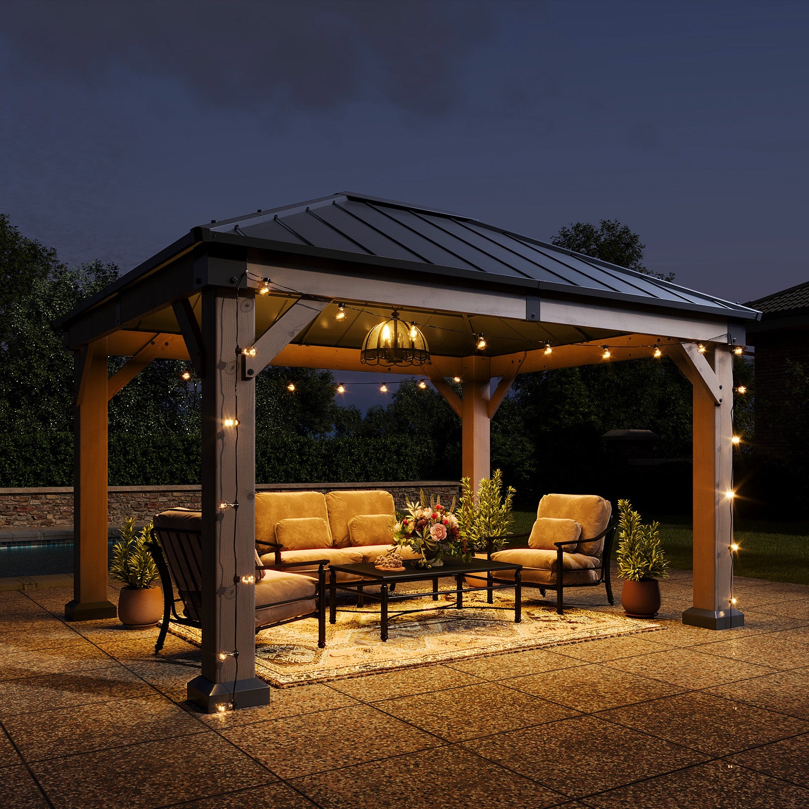 10' x 12' Outdoor Wood Gazebo, Hardtop Gazebo Permanent Wooden Pavilion with Galvanized Steel Roof, for Patio, Garden, Deck, Cedar Wood