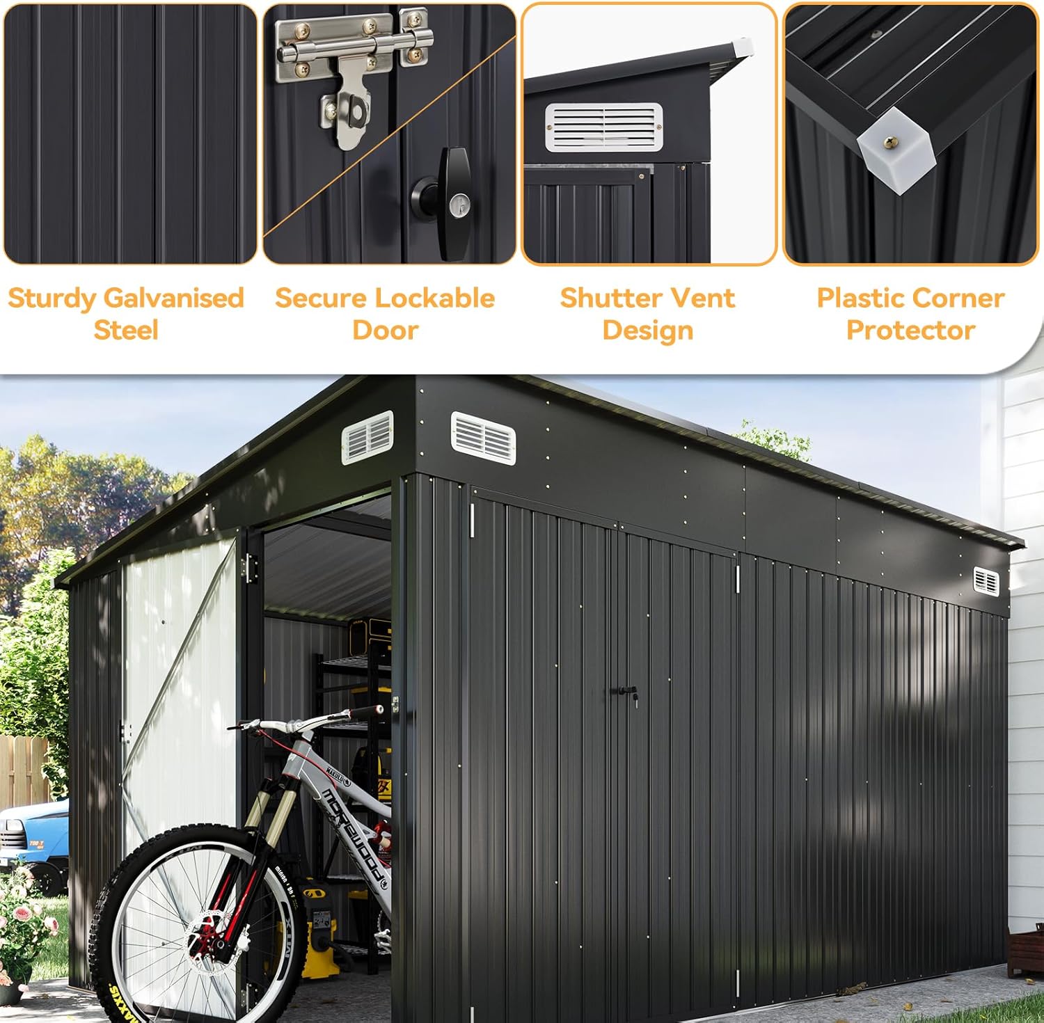 Metal Lean To Storage Shed with Triple Lockable Door