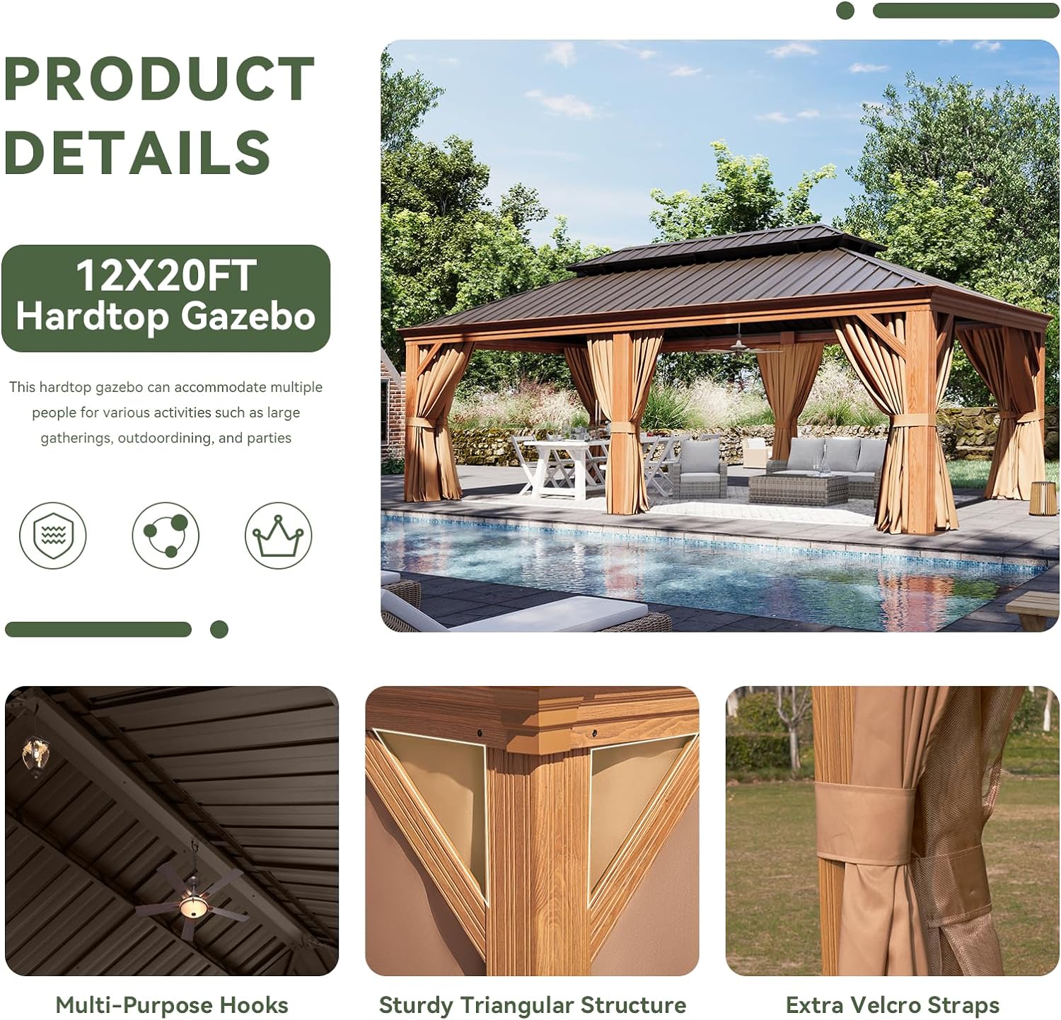 Wood Grain Hardtop Gazebo with Rain Gutter