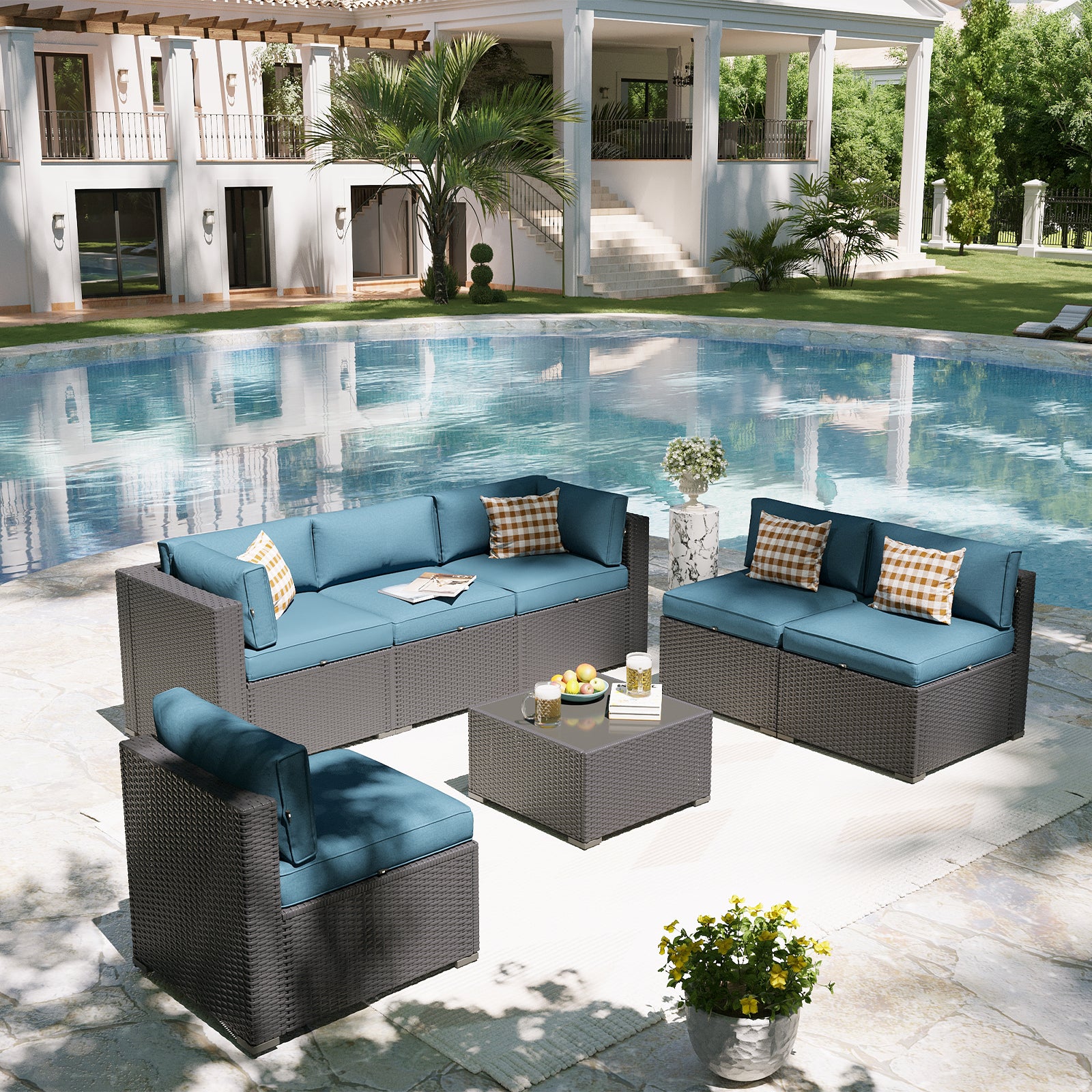 Aoxun Patio Furniture Set, 7 Piece Outdoor Sectional Sofas with Waterprool Cover, Wicker Rattan Outdoor Furniture Patio Conversation Set for Backyard, Garden Peacock Blue