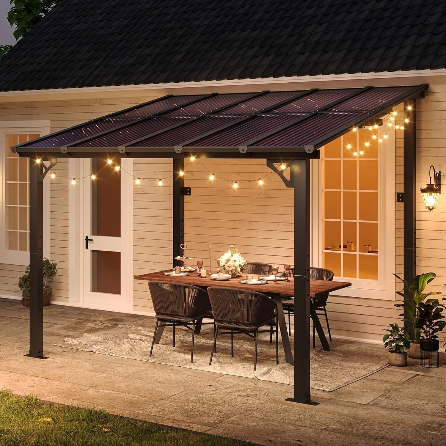Aoxun 10’x 10’ Premium Gazebo with Aluminum Top Frame & Polycarbonate Panel, Wall Mounted Gazebos Pergola, Outdoor Patio Lean to Gazebo, Awnings with Sloped Roof, for Backyard, Porch, Deck
