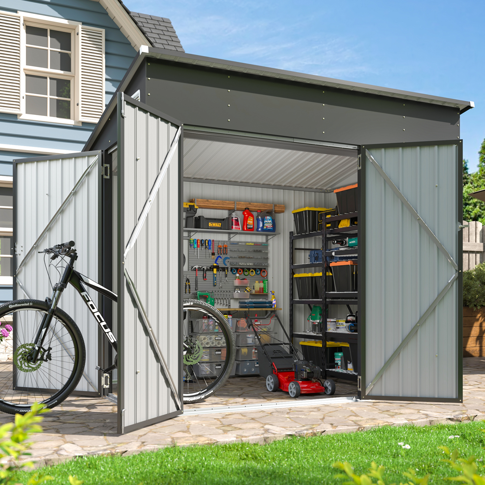 Aoxun 7.5'x4' Triple Door Shed Outdoor Storage Shed with Three Lockable Door Metal Storage Cabinet with Slopping Roof for Tools Bicycles Storage for Garden, Backyards (Black)