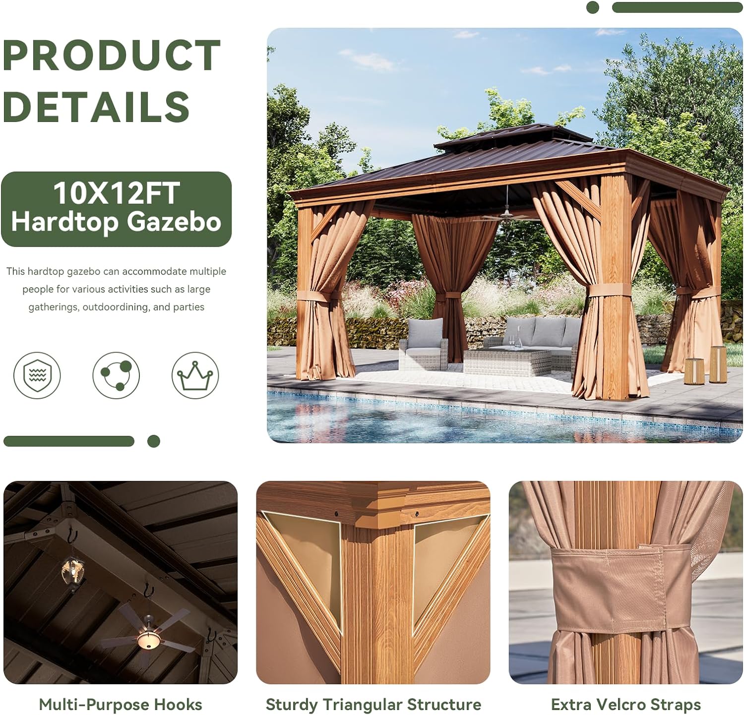 Wood Grain Hardtop Gazebo with Rain Gutter