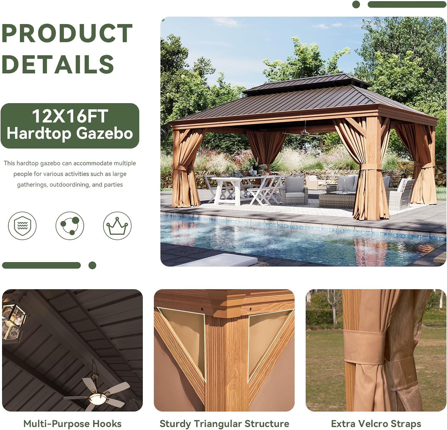 Wood Grain Hardtop Gazebo with Rain Gutter