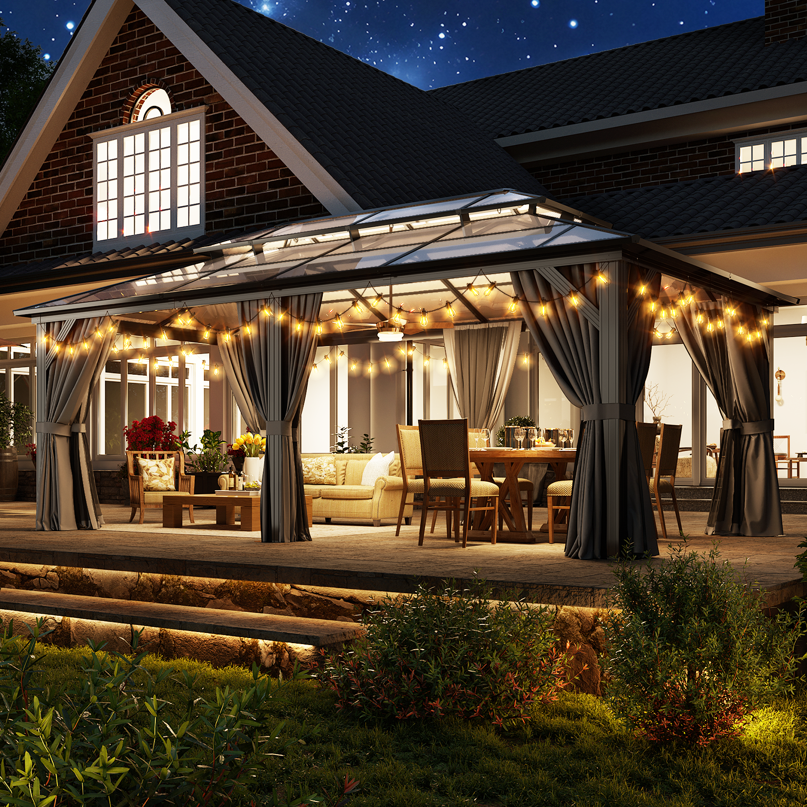 12'x20' Hardtop Gazebo, Aluminum Frame Permanent Pavilion with Curtains and Netting, Outdoor Polycarbonate Double Roof Canopy, Designed for Garden, Lawns, Patio, Gray