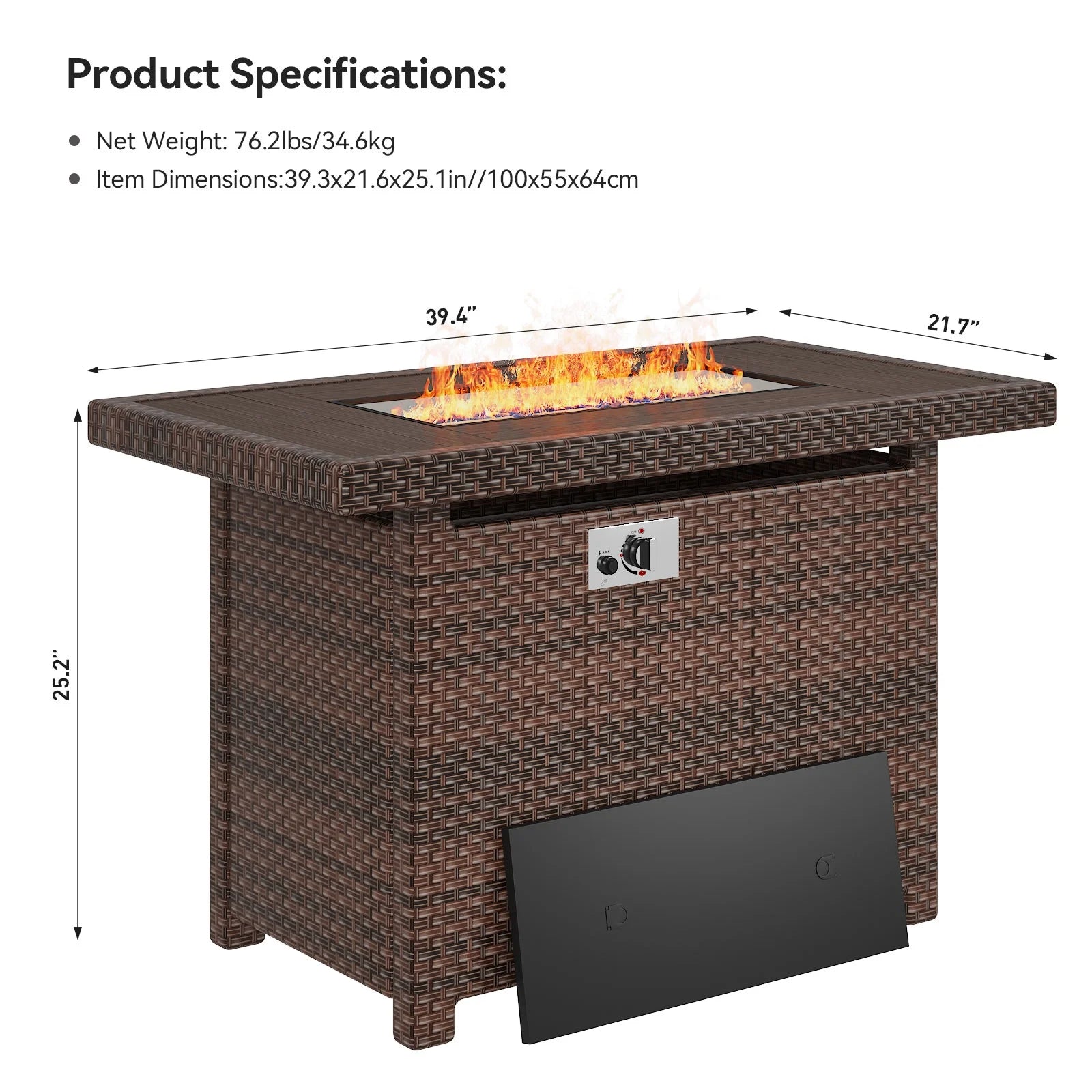 Propane Fire Pit Table, 40 in CSA Propane Fire Table Rectangular, 50,000 BTU Auto Ignition Gas Fire Pit for Outside Patio Deck, Brown Wicker