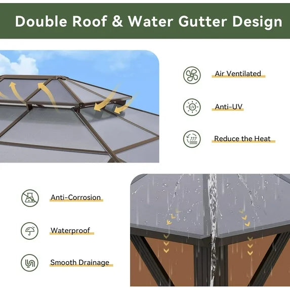 Aoxun 12'x14' Hardtop Gazebo, Aluminum Frame Permanent Pavilion with Curtains and Netting, Outdoor Polycarbonate Double Roof Canopy, Designed for Garden, Brown