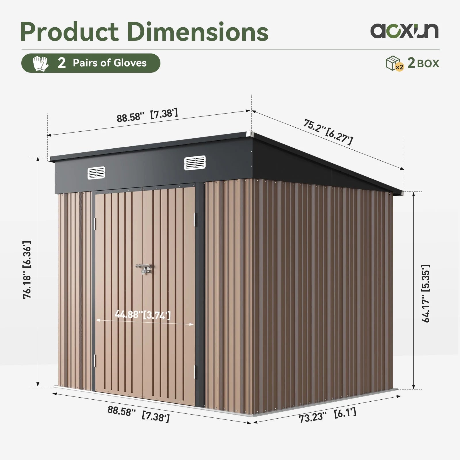 7.4x6.1x6.4 ft Outdoor Metal Storage Shed with Sloping Roof, Lockable, Galvanized Steel, Brown