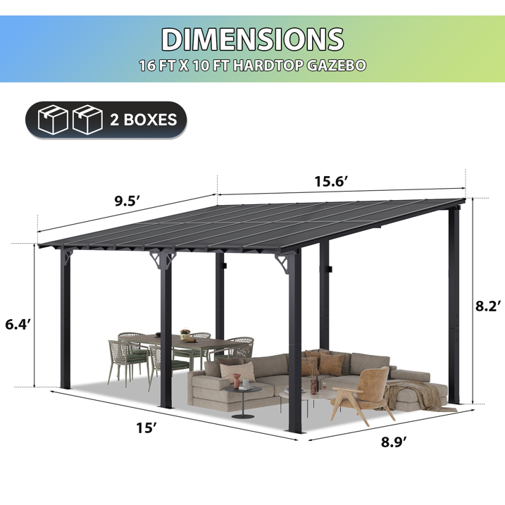 AOXUN 16' x 10' Hardtop Gazebo Outdoor Aluminum Pergola For Garden, Patio, Backyard-Black