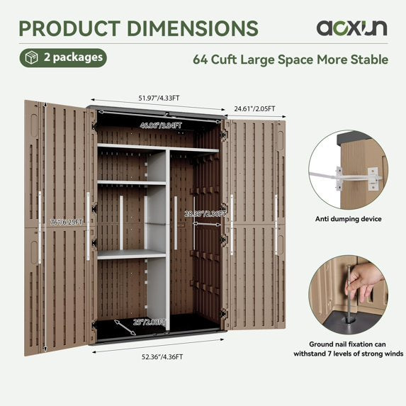 Aoxun Outdoor Resin Storage Shed with Metal Shelving Kit & Floor, 64 Cu.Ft Vertical Waterproof Storage Cabinet for Garage Storage, Pool Storage, Bike Shed, Garden Tools, Patio Furniture (Brown)