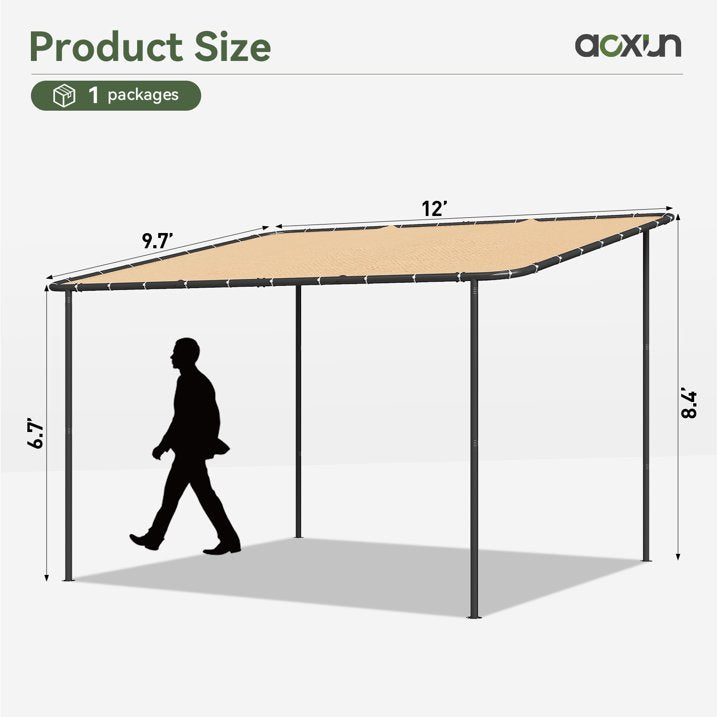 Aoxun 10x12 Lean to Gazebo Outdoor Pergola with Water Resistant & UV-Resistant, Wall-Mounted Canopy Sloped Roof Awning for Patio Backyard, Deck, or Garden Khaki